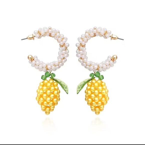 New ZARA Lemon Shaped Beaded Pearl Hoop Earrings - Picture 4 of 12